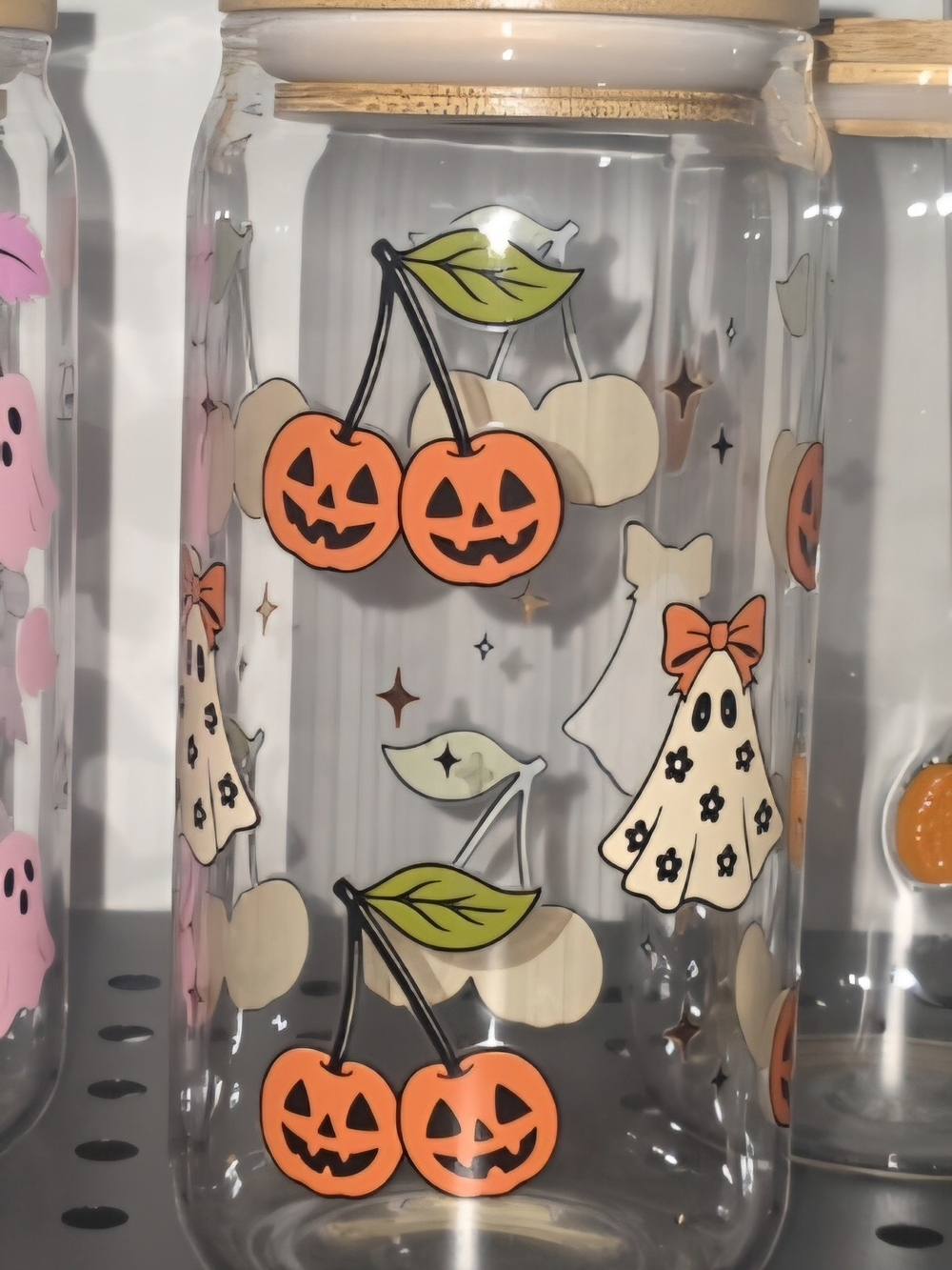 Clear Glass Halloween Cherry Pumpkin And Ghost 16oz Glass Cup